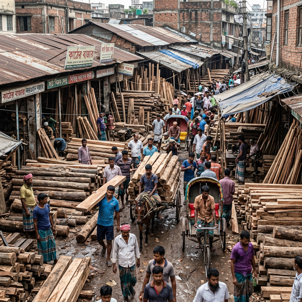 Crowded timber market with many people carrying and transporting wood